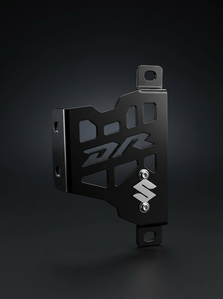 Protector de mordaza de DR150/160 en acero negro con logo DR y Suzuki