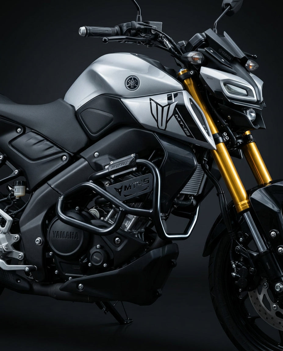 Defensa super maciza para Yamaha MT-15 en acero negro con logo MT-15