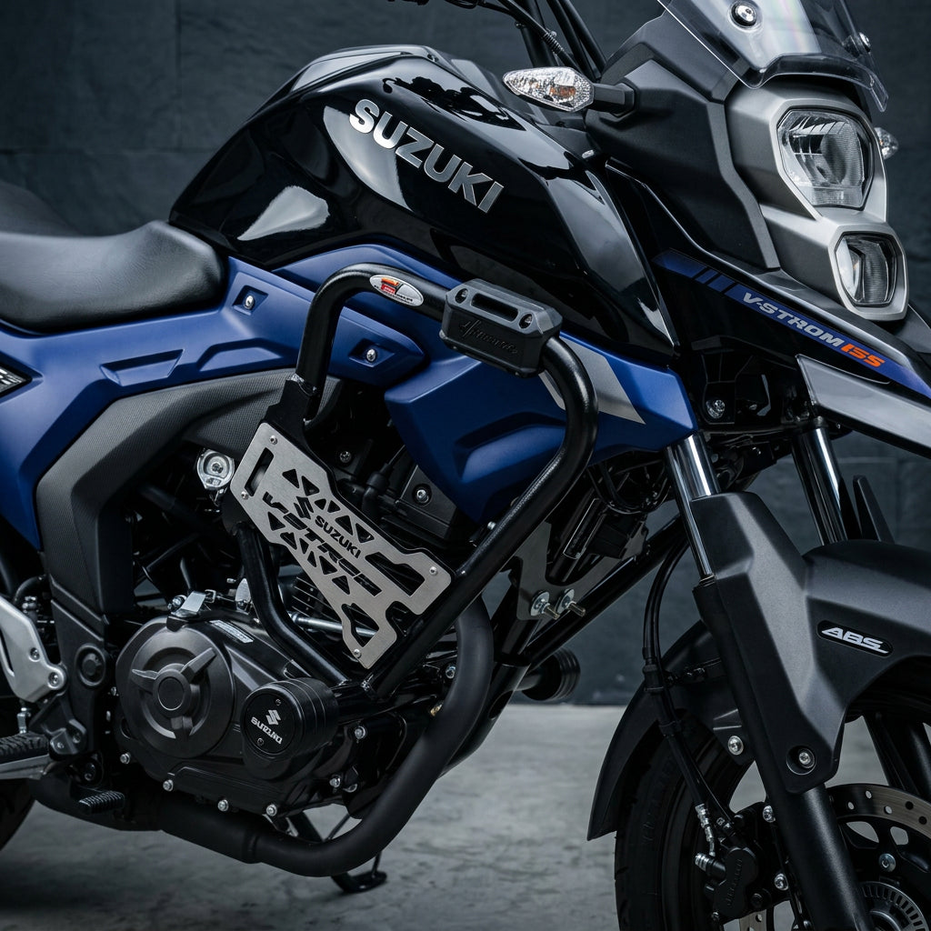 Defensa V-Strom 160 vista completa instalada en moto