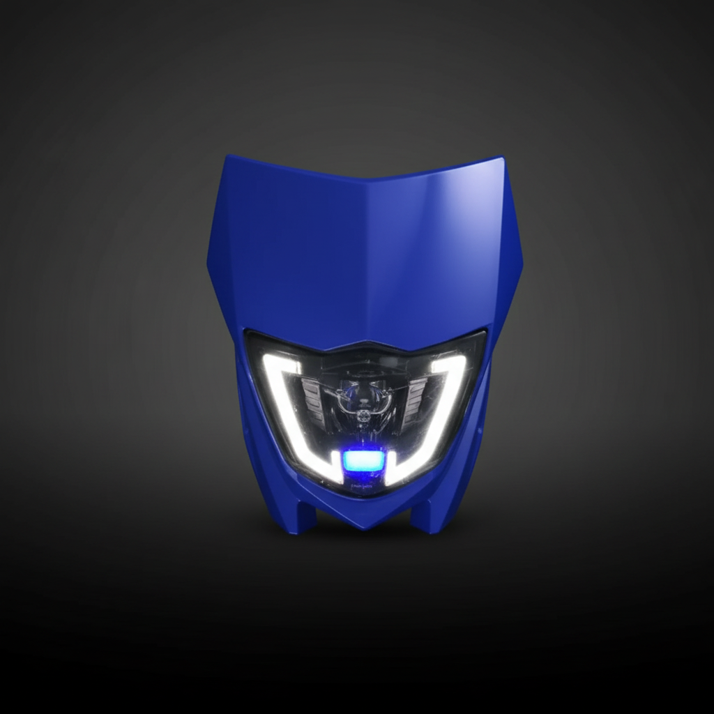 Farola LED XTZ 150 125 vista frontal con carenaje azul fondo oscuro
