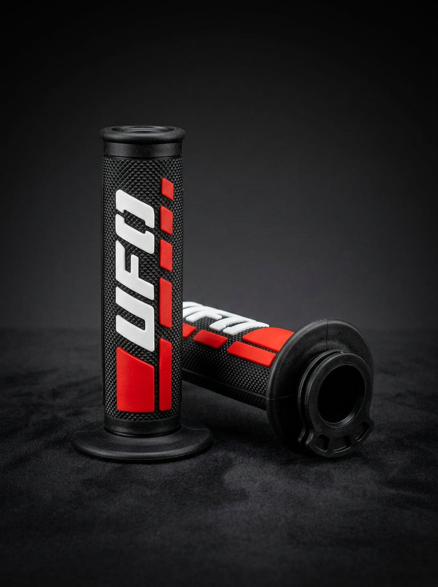Mangos UFO Grips negro rojo con logo UFO cachas manubrio moto