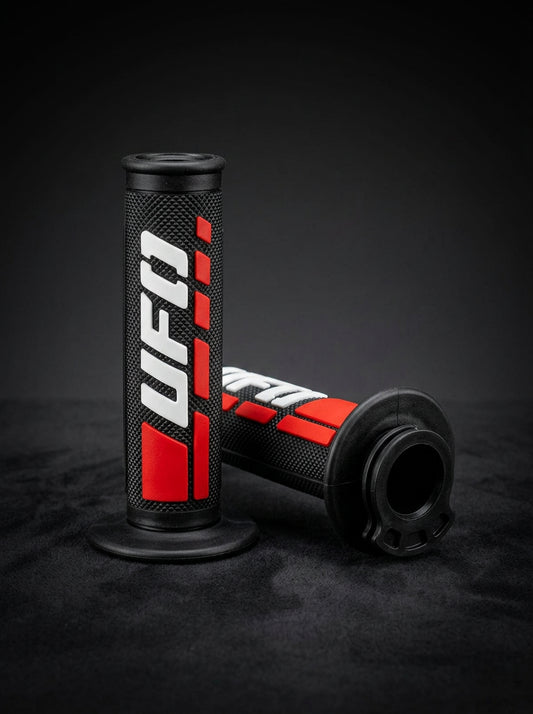 Mangos UFO Grips negro rojo con logo UFO cachas manubrio moto