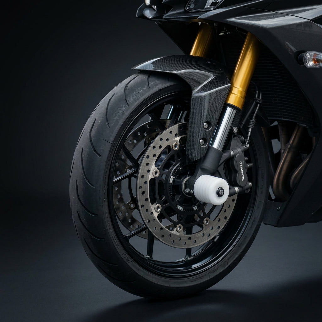 Slider de teflon blanco instalado en eje delantero de moto deportiva